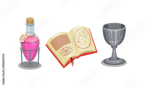 Fortune Telling Symbols with Potion in Jar and Spell Book Vector Set