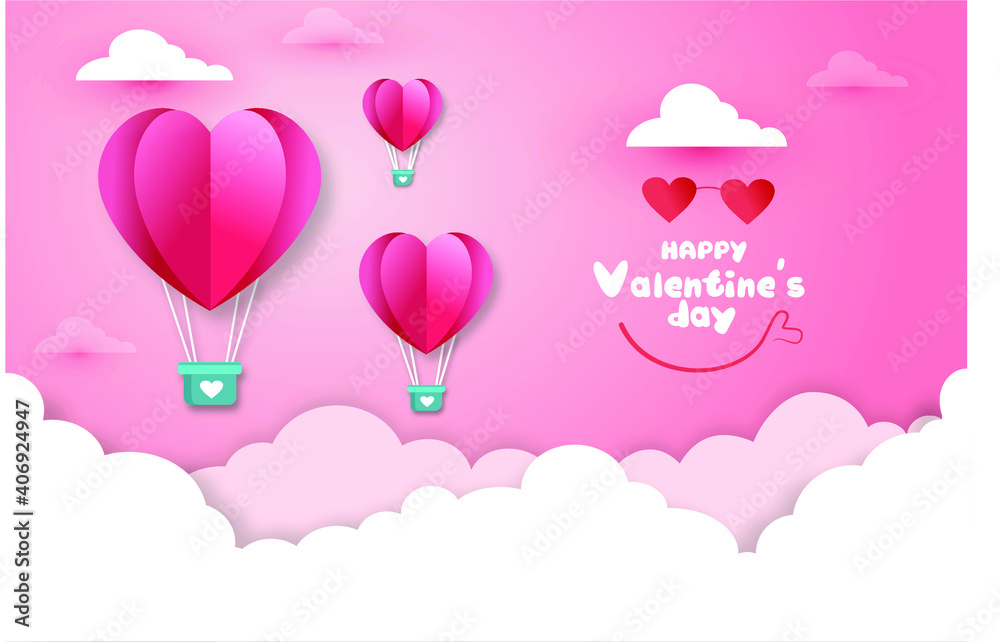 Love heart balloon valentines day invitation card on abstract background with paper cut pink heart clouds Vector illustration