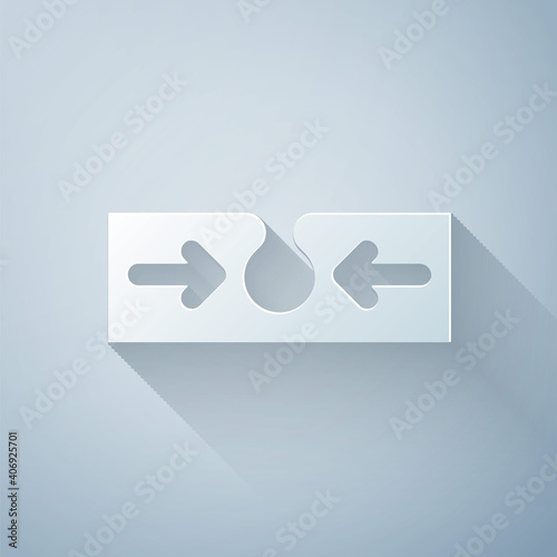 Paper cut Acne icon isolated on grey background. Inflamed pimple on the skin. The sebum in the clogged pore promotes the growth of a bacteria. Paper art style. Vector.
