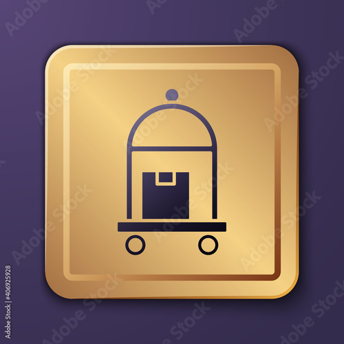 Purple Hotel luggage cart with suitcase icon isolated on purple background. Traveling baggage sign. Travel luggage icon. Gold square button. Vector.