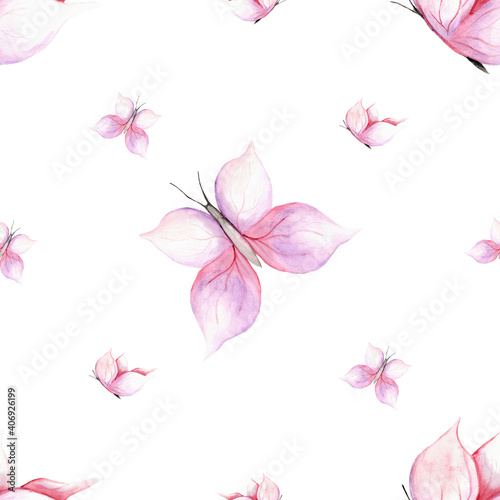 Seamless pattern of delicate pink butterflies, painted with watercolors and colored pencils on a white background. Isolate.