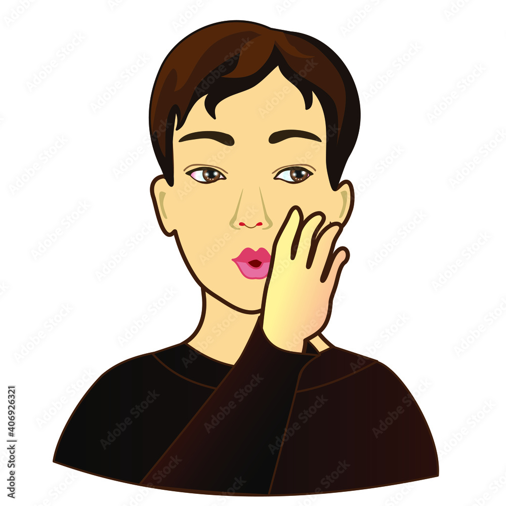 emoji spreading rumors by whispering to someone's ear, funny cartoon character with simplistic facial expression, hand drawn man emoticon, vector illustration