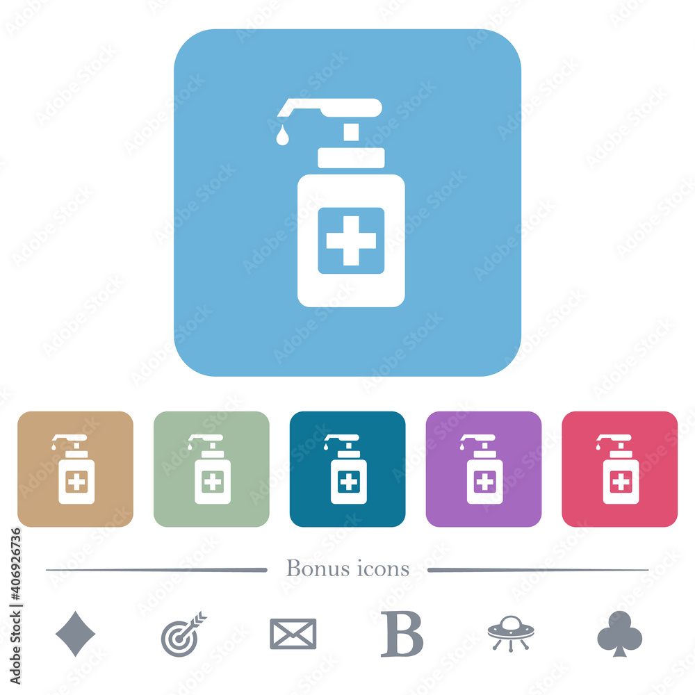 Hand sanitizer flat icons on color rounded square backgrounds Hand sanitizer flat icons on color rounded square backgrounds