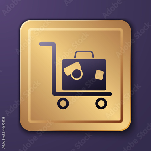 Purple Hotel luggage cart with suitcase icon isolated on purple background. Traveling baggage sign. Travel luggage icon. Gold square button. Vector.