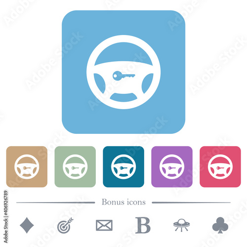 Steering lock flat icons on color rounded square backgrounds