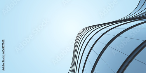 Fototapeta Naklejka Na Ścianę i Meble -  Low angle view of futuristic architecture, Skyscraper of office building with curve glass window, 3D rendering.