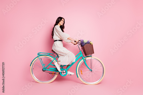 Full length body size photo of curious woman cycling with wild flowers in dress looking empty space isolated pastel pink color background © deagreez