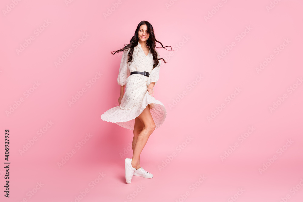 Full length body size photo of female student dancing at party in white dress free time isolated on pastel pink color background copyspace