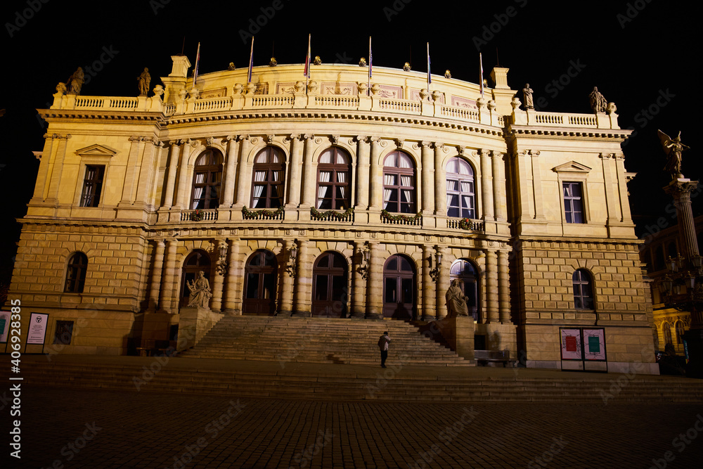 Prague, Czech Republic - January 1 2021: Night view of the Rudolfinum concert hall in Prague                                   