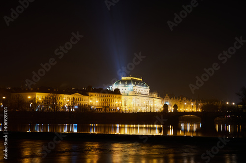 Prague, Czech Republic - January 1 2021: Night view of the National Theatre in Prague                                     