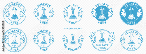onceptual stamps for packaging products. Labeling - sulfate free. A stamp with wings is a symbol of liberation, freedom. Chemical flask flat icon and flowing ingredient line. Vector