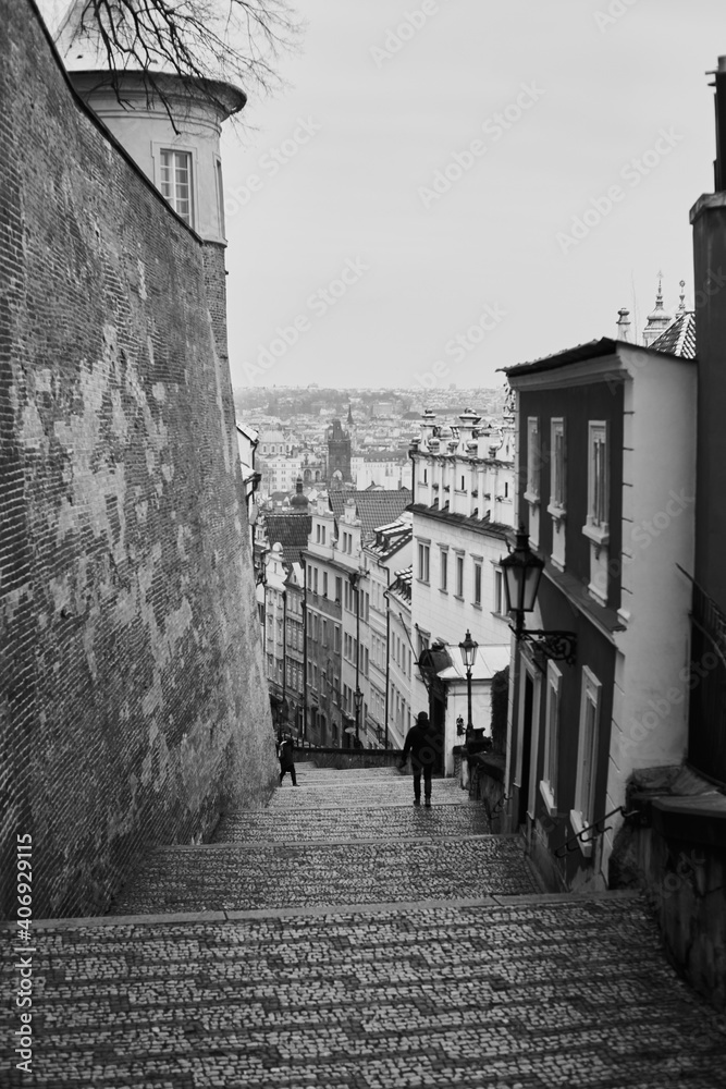 Prague, Czech Republic - January 07 2021: Nearly  empty stairway leading to Prague Castle hill                                                             