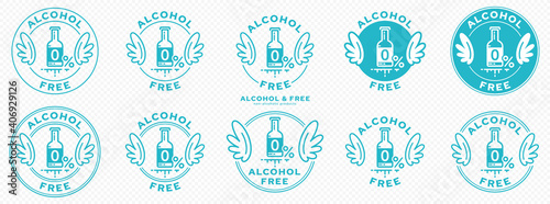 A set of conceptual stamps for packaging products. Labeling - alcohol free. A round stamp with wings - a symbol of liberation, freedom. Bottle flat icon with a line of outflowing ingredient. Vector 