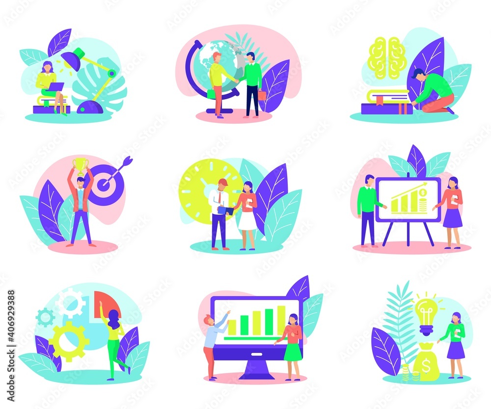 Business concept set. Business people working together, brainstorming, discussing and sharing creative ideas, planning and doing presentation flat vector illustration