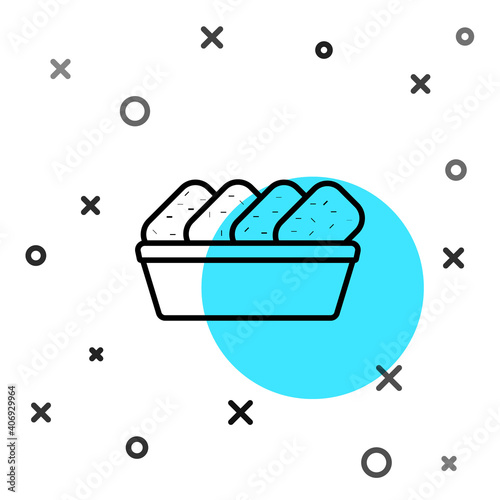 Black line Chicken nuggets in box icon isolated on white background. Random dynamic shapes. Vector Illustration.