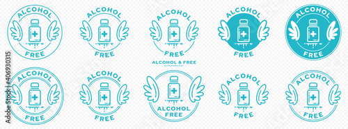 Conceptual stamps for packaging products. Labeling - alcohol free. A round stamp with wings - a symbol of liberation, freedom. Medical vial flat icon with a line of outflowing ingredient. Vector 