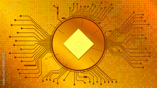 Waves cryptocurrency token symbol, coin icon in circle with pcb on gold background. Vector illustration in techno style for website or banner.