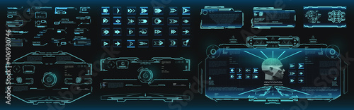 Set custom holographic screens with data and information in HUD UI style. Futuristic set of screen elements, callouts, arrows, dashboards HUD, GUI, UI