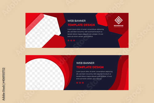 Set of red element of abstract corporate business banner template, horizontal layout design with dark blue background. Half circle and hexagon is space for photo. Designs can used header of website.