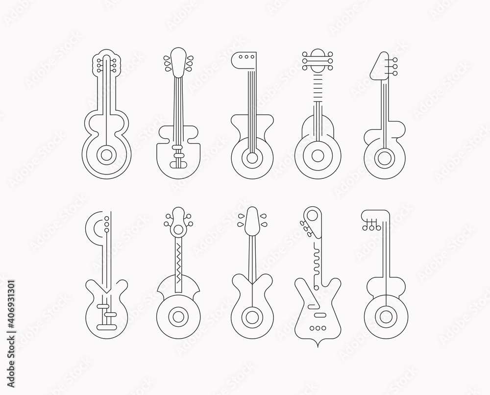 Set of line art silhouette isolated on a white background Modern Guitars vector design. Set of line art silhouette isolated on a white background Modern Guitars vector design.