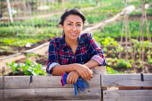 Konstfotografi Successful Latin American woman amateur gardener standing near wooden fence in h