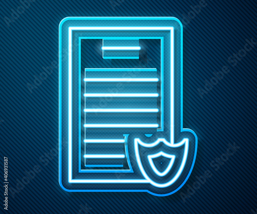 Glowing neon line Firearms license certificate icon isolated on blue background. Weapon permit. Vector.