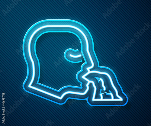 Glowing neon line Vomiting man icon isolated on blue background. Symptom of disease, problem with health. Nausea, food poisoning, alcohol poisoning concept. Vector.