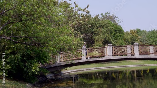 Wallpaper Mural Young Woman Walking on Bridge Over River in City Park with Green Trees. Beautiful Female Traveller in Elegant Dress and Straw Hat Strolls Across Bridge Over Lake with Tropical Forest Around Torontodigital.ca