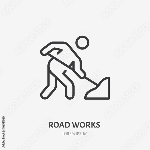 Road works flat line icon. Vector outline illustration of man with the shovel. Black color thin linear sign for warning pictogram