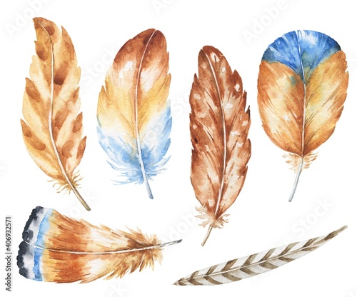 Watercolor feather set isolated on white background. Watercolour boho style illustration.