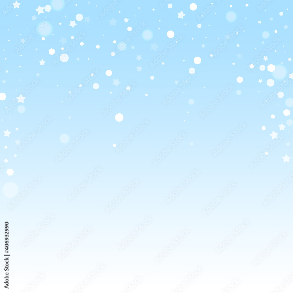 Magic stars random Christmas background. Subtle flying snow flakes and stars on winter sky background. Beauteous winter silver snowflake overlay template. Memorable vector illustration.
