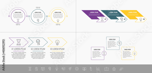 Set Infographics three steps. Line vector template. Can be used for diagram, business, web, workflow layout, presentations, flowchart, info graph, timeline, content, levels, chart, processes diagram