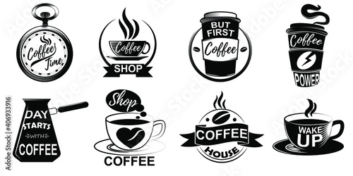 Set of different designs for coffee icons isolated on white background. Coffee logos badges labels posters. Vector illustration