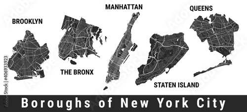 New York city boroughs map set. Manhattan, Brooklyn, The Bronx, Staten Island, Queens. photo