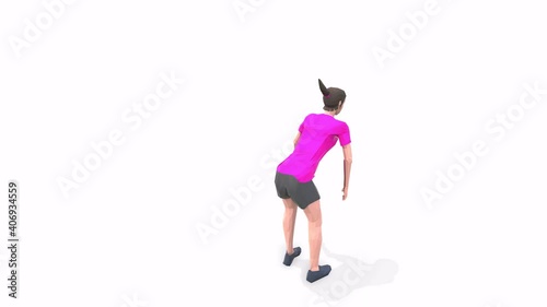 Woman exercise animation 3d model on a white background in the Pink t-shirt. Low Poly Style
