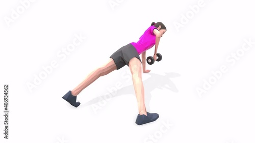 Woman exercise animation 3d model on a white background in the Pink t-shirt. Low Poly Style
