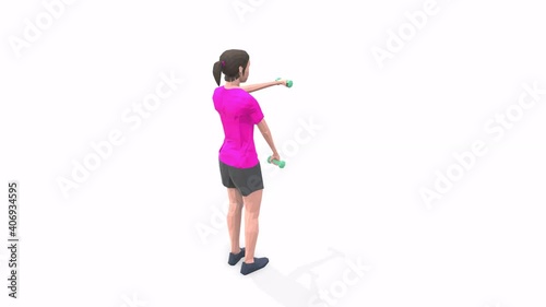 Woman exercise animation 3d model on a white background in the Pink t-shirt. Low Poly Style
