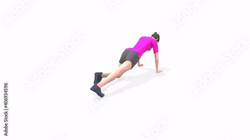 Woman exercise animation 3d model on a white background in the Pink t-shirt. Low Poly Style