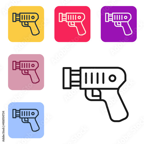 Black line Police electric shocker icon isolated on white background. Shocker for protection. Taser is an electric weapon. Set icons in color square buttons. Vector.