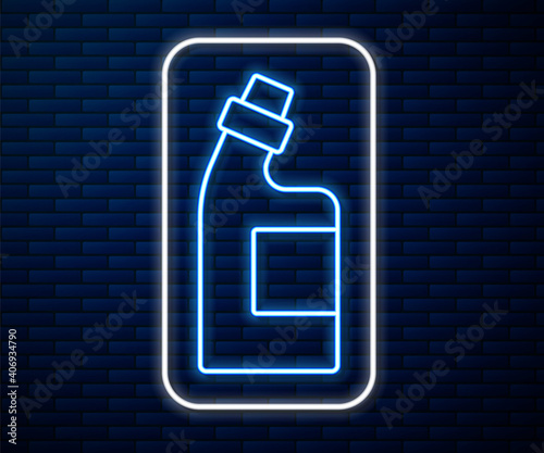 Glowing neon line Plastic bottle for laundry detergent, bleach, dishwashing liquid or another cleaning agent icon isolated on brick wall background. Vector.