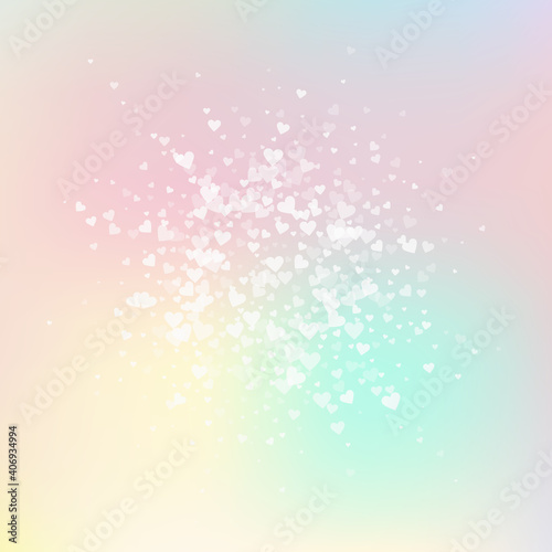 White heart love confettis. Valentine's day explosion amusing background. Falling transparent hearts confetti on delicate background. Cool vector illustration.