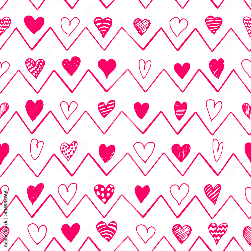Valentine’s Day seamless background with hand drawn hearts and ornament. Stock vector illustration.