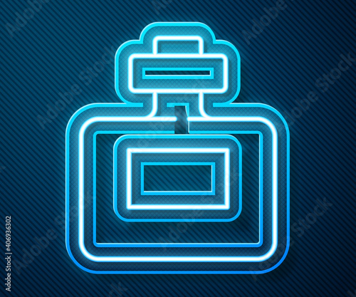 Glowing neon line Perfume icon isolated on blue background. Vector.
