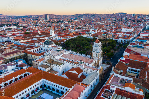 Aerial view of old streets of the colonial city Sucre, Bolivia