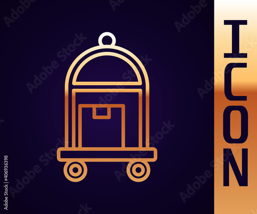 Gold line Hotel luggage cart with suitcase icon isolated on black background. Traveling baggage sign. Travel luggage icon. Vector.