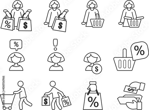 Purchases, icon set. People shopping, linear icons. Selection, payment. Line with editable stroke