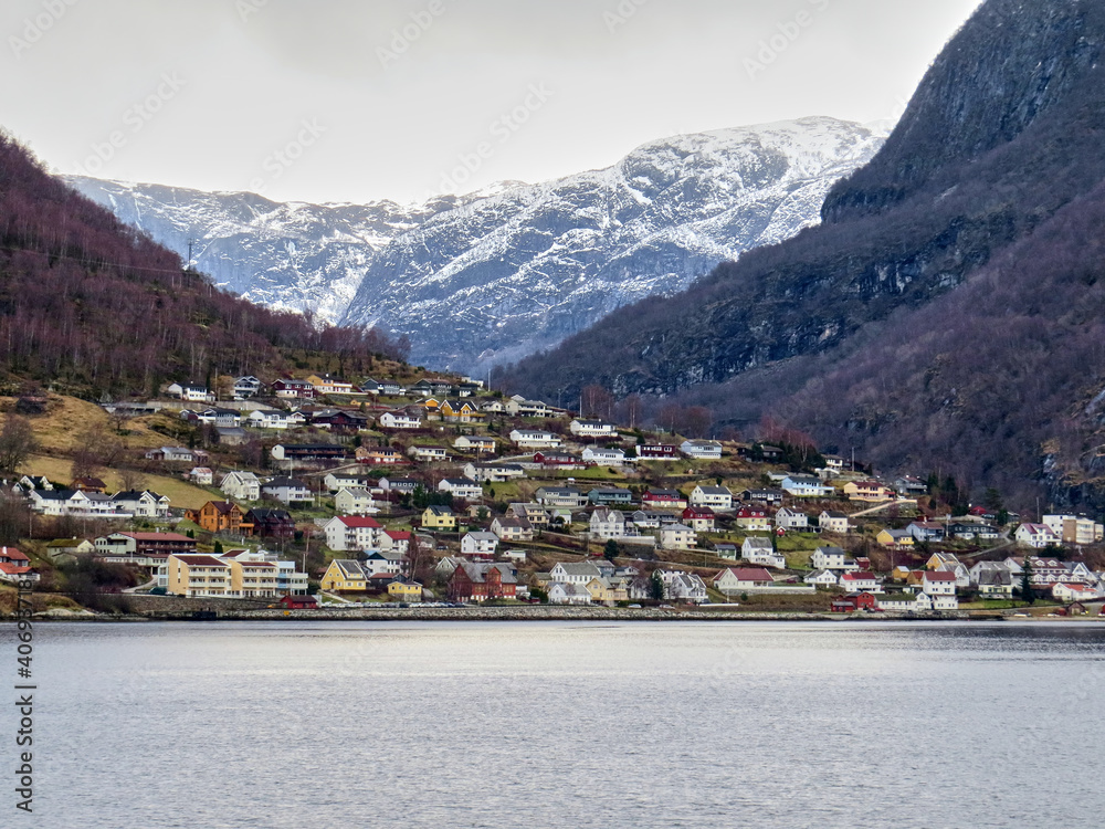 Aurlandsfjord and the mountains in Western Norway during winter