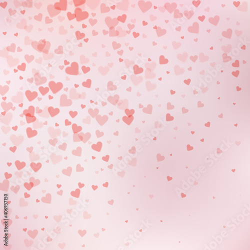 Red heart love confettis. Valentine's day gradient authentic background. Falling transparent hearts confetti on color transition background. Dazzling vector illustration.