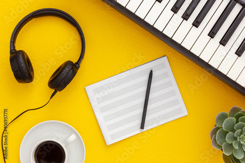 Photography Musician work set with synthesizer