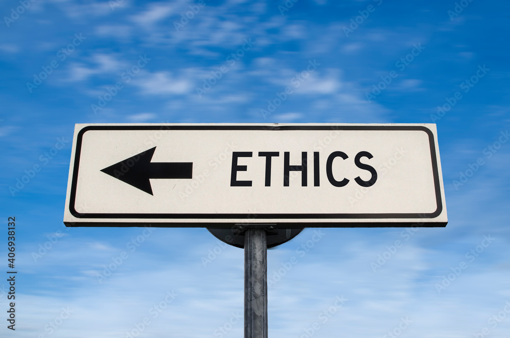 Ethics road sign, arrow on blue sky background. One way blank road sign with copy space. Arrow on a pole pointing in one direction. Ethics road sign, arrow on blue sky background. One way blank road sign with copy space. Arrow on a pole pointing in one direction.